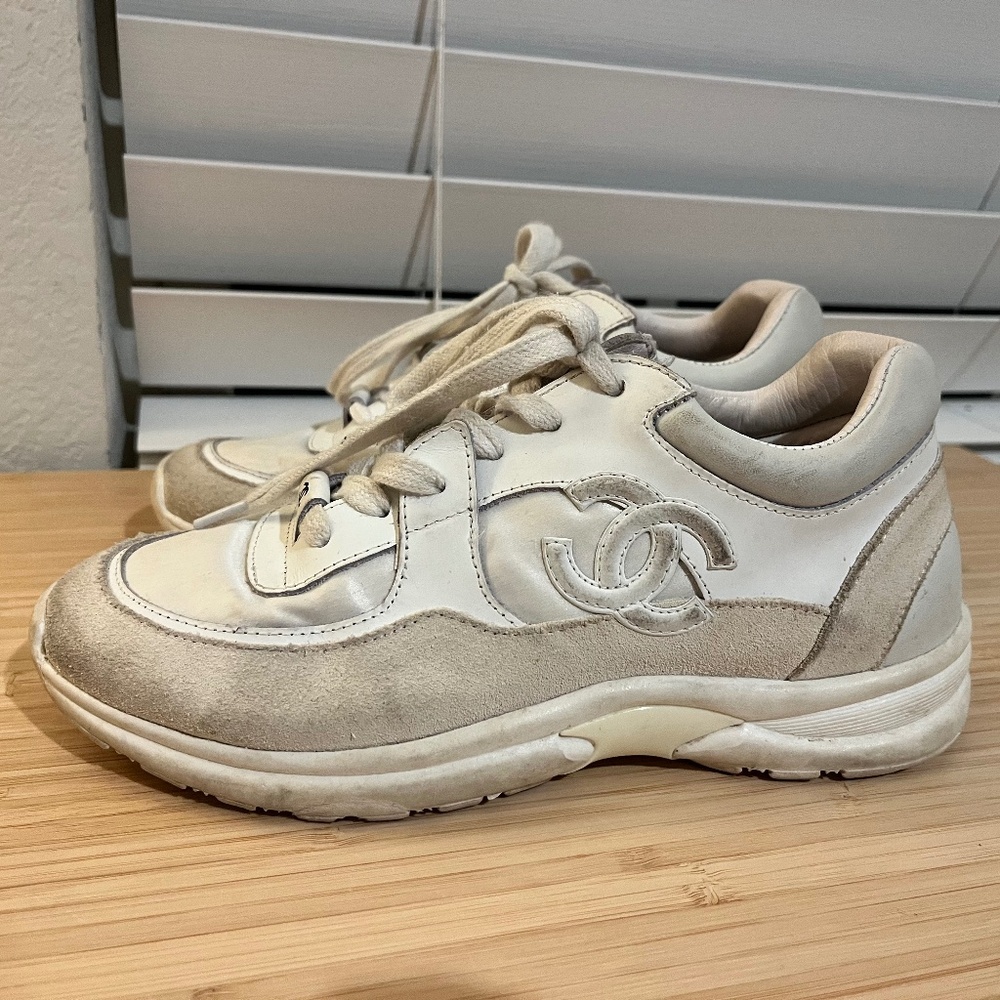 Chanel CC Suede & Leather Sneakers – Beige/White – 8.5” (Approx. Women’s 6–6.5)